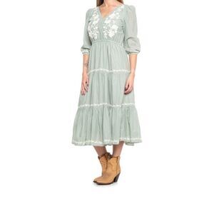 Lucky Brand XS Floral Embroidered 3/4 Sleeve Tiered V-Neck MIDI Dress prairie